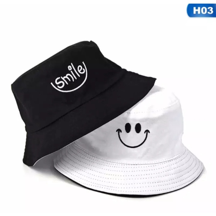 BEST SELLER !! Topi Bucket Wanita Motif Smile 2 Sisi Bolak-Balik Terlaris