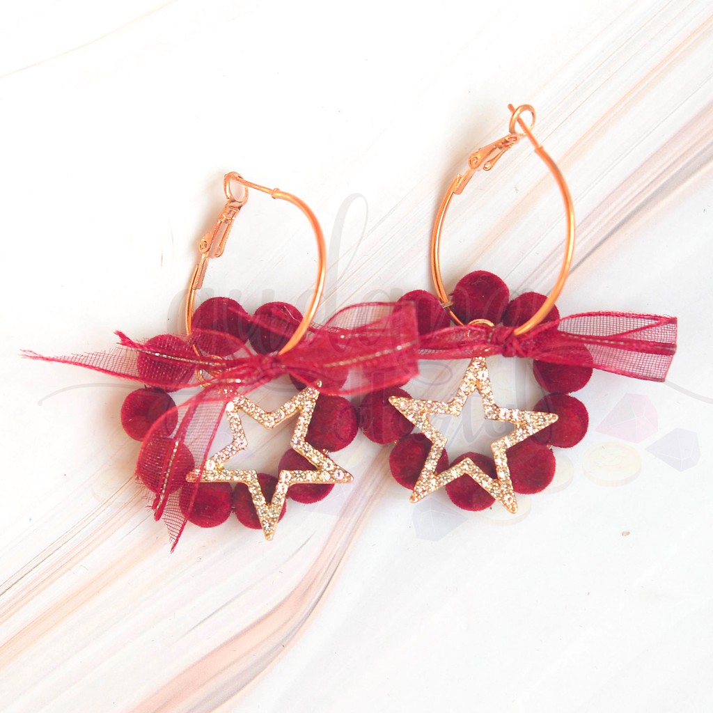 Anting Shinny Star and Red Pompom With Ribbon Lucu Unik GH 203595