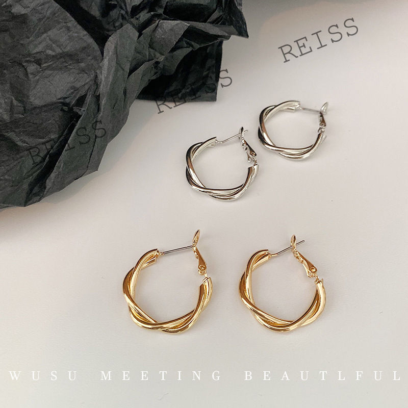 925 Silver Needle Double Twisted Hoop Earrings Simple Round Stud Earrings Silver/Gold Piercing Earings