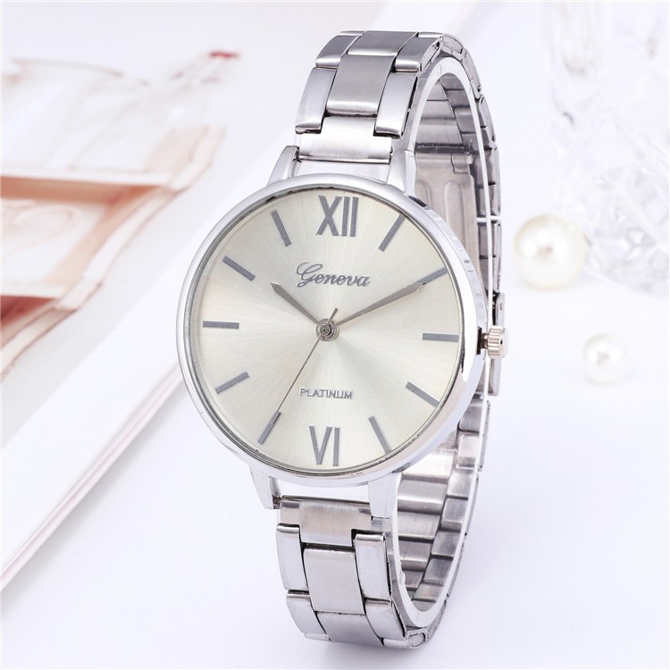 Jam Tangan Wanita Geneva Bulat Stainless / Geneva Jam Tangan Quartz dengan Strap Stainless Steel