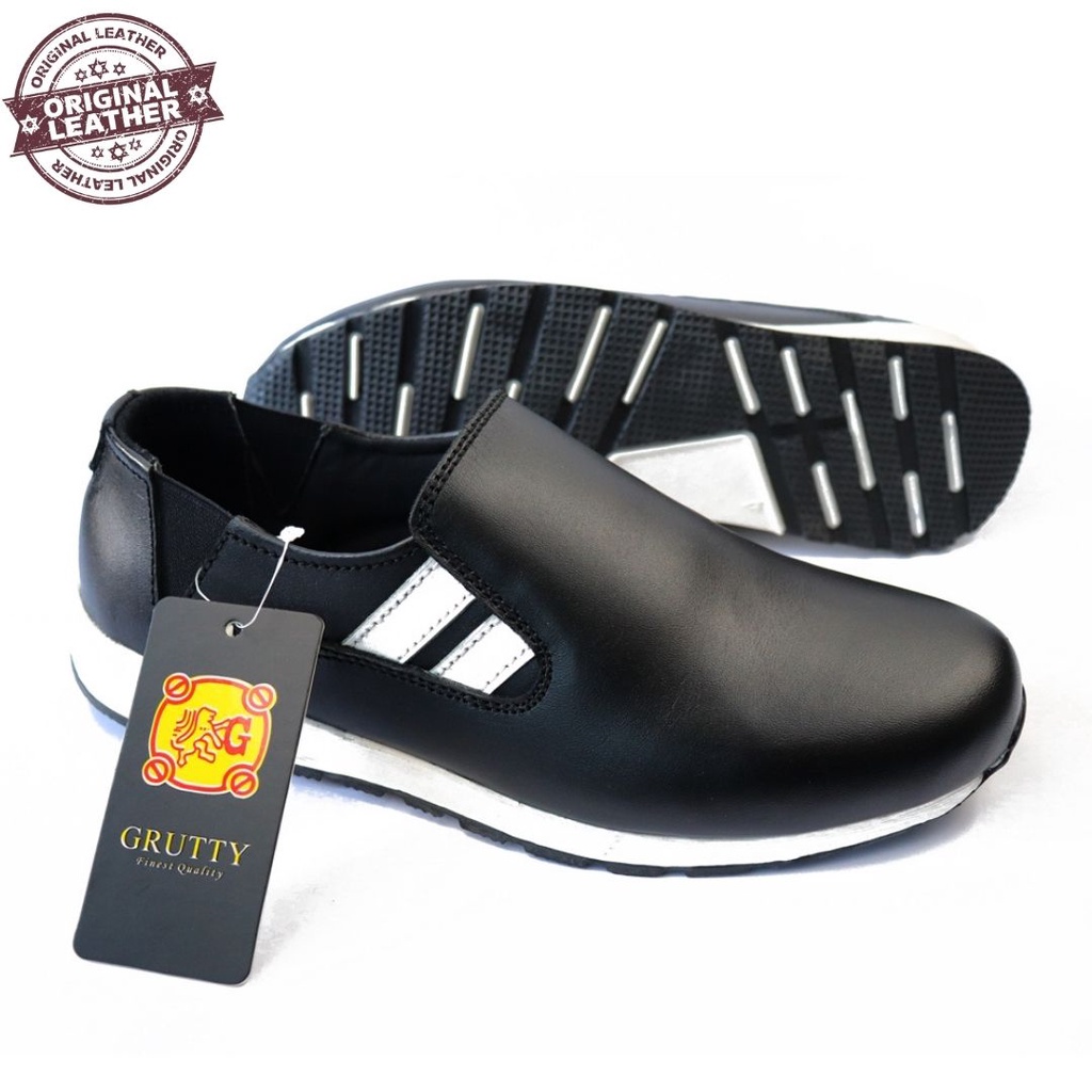 Sepatu Pria Casual Grutty HR 135 Hitam Kasual Slip On santai Bahan 100% Kulit Asli