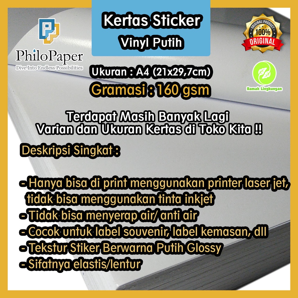 

Kertas Sticker Vinyl Putih 160 Gsm A4