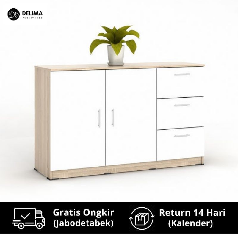 Sideboard Lemari Bufet Minimalis Kabinet 2 Pintu 3 Laci - White Oak
