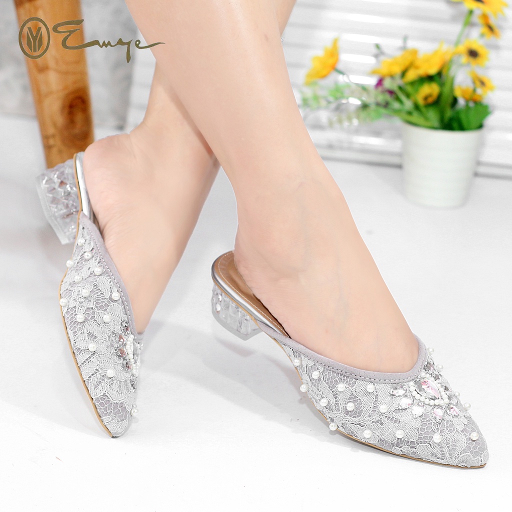 Emye - Sepatu Slop Brukat Payet Glitter Original Wanita Hak Kaca 3cm / Sepatu Pesta Payet Pengantin / Sandal Pesta Kondangan Wanita Murah Elegan