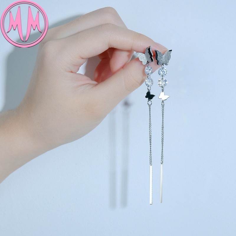MORYMOSHI E162 Anting Wanita Titanium Stainless Kupu-Kupu Panjang Anti Karat Anti Luntur Fashion Korea-6