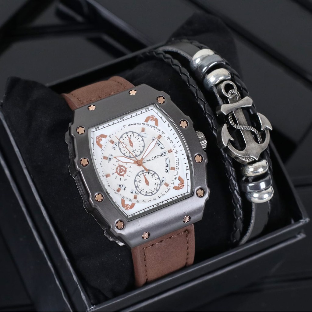 RM Jam Tangan Pria Fashion Kulit Body Stainless Plus Gelang Kulit Tanggal Active 4,5CM