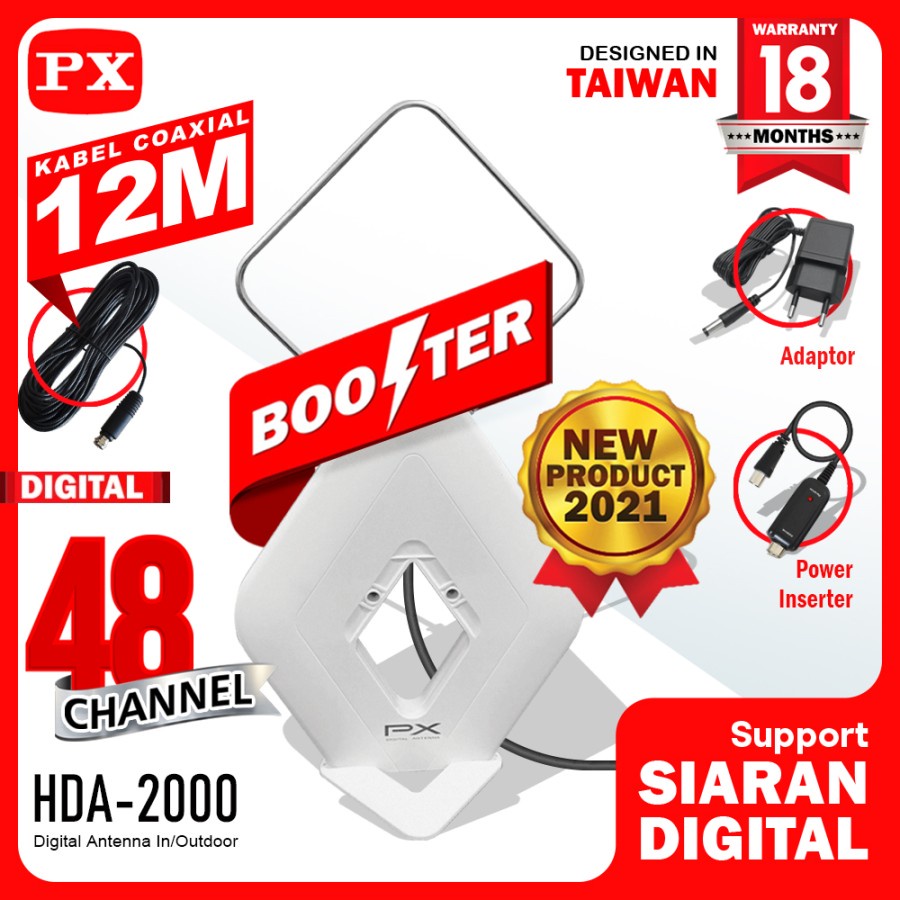 PX HDA-2000 Antena TV Digital Analog Indoor Outdoor Booster+Kabel 12M