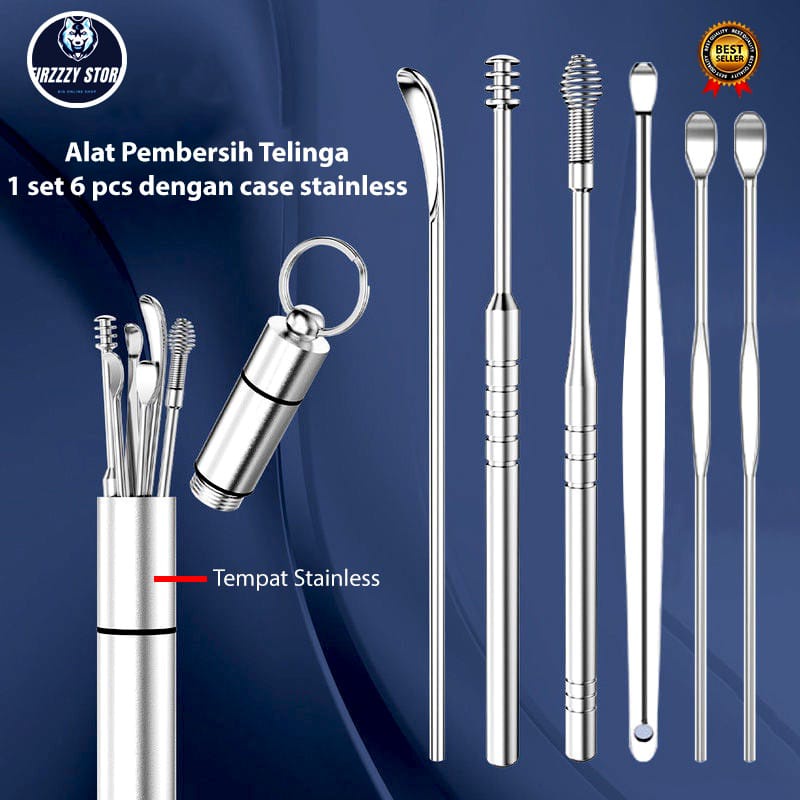 Alat Pembersih Telinga Korek Kuping Spiral Set 7 Pcs Stainless Steel