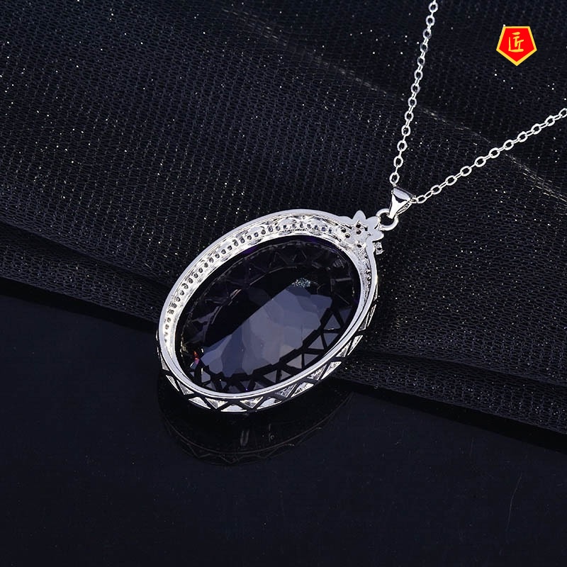 [Ready Stock]Luxurious Colored Gems Necklace Micro-Inlaid Diamond Elegant Amethyst Pendant