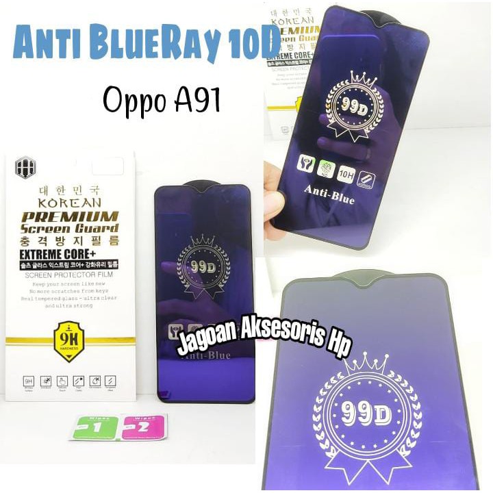 KOREAN Blue Ray 10D Oppo A91 F15 6.4 inchi Tempered Glass FULL GLUE ANTI RADIASI