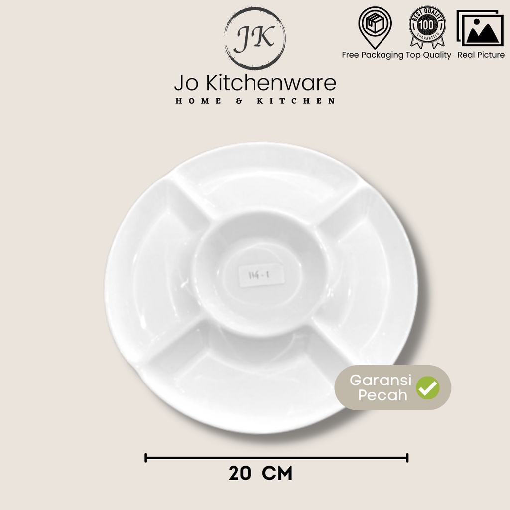Piring saji keramik sekat 5 diameter 20cm putih tebal 114-1