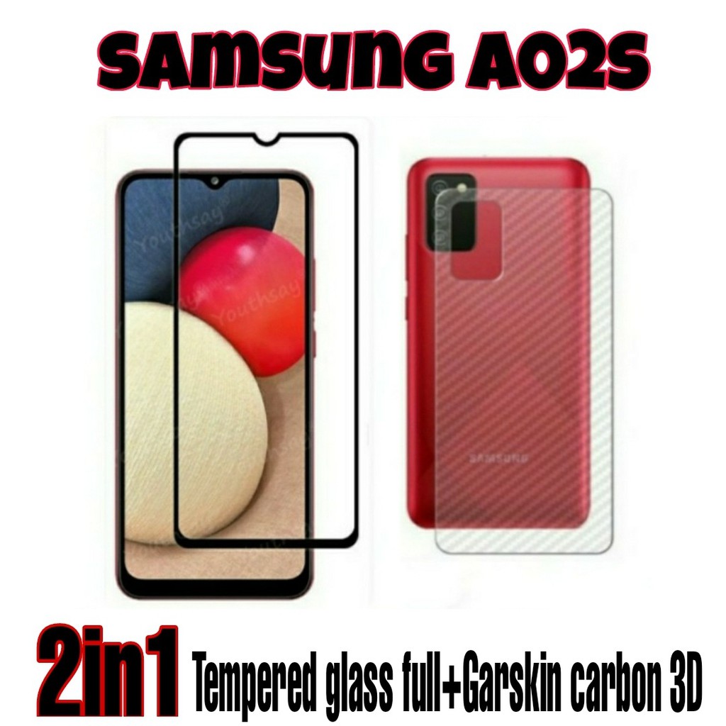 2in1 tempered glass SAMSUNG A02S /SAMSUNG A12 +garskin carbon kualitas premium