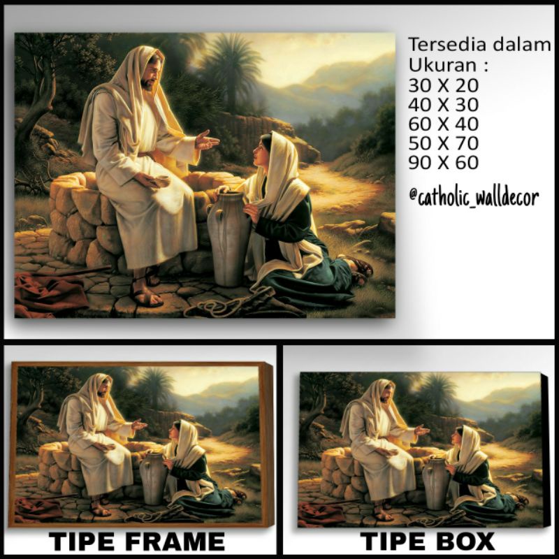 Hiasan dinding Kristen Katolik gambar Tuhan Yesus dan wanita Samaria 60x40cm.