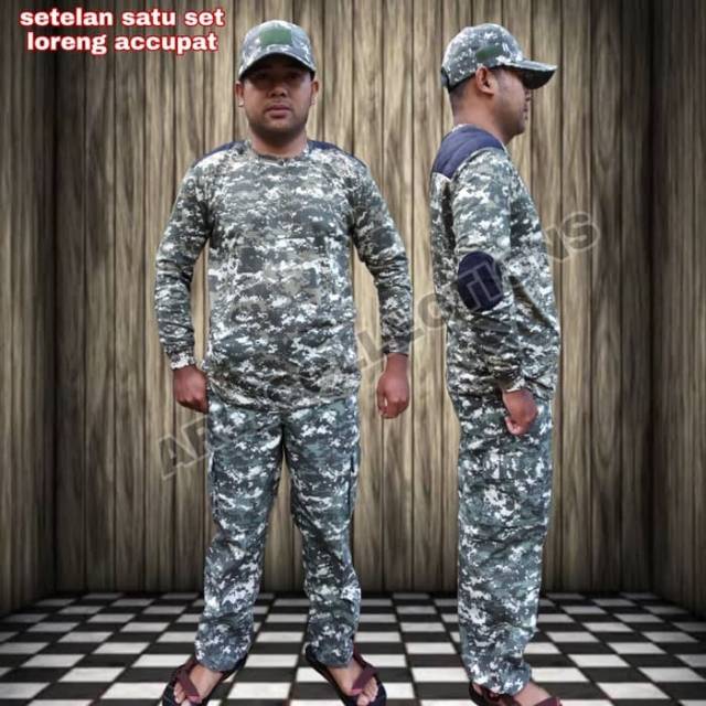 Setelan satu set celana kaos topi bdu loreng accupat ( digital abu )/setelan army lapangan outdoor