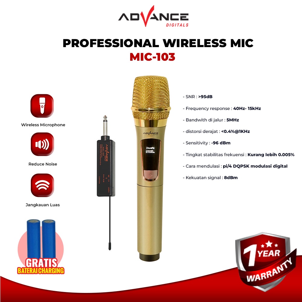 Advance Mic103 Microphone Profesional Mic Wireless Gold Bisa di Charger / Garansi 1 tahun