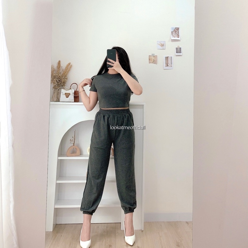 Lookatmeofficial • Zoey Set 2in1 Jogger + Crop Top Premium-Dark grey