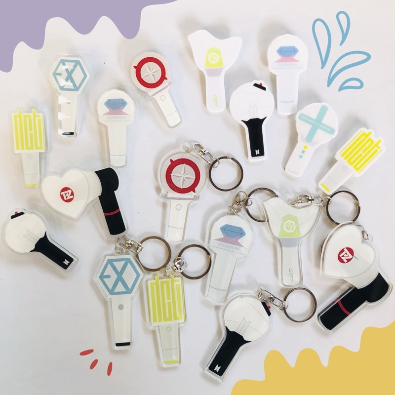 Kpop Lightstick Keyring &amp; Acrylic Pin (SVT, BANGTAN, E X O, T X T, SKZ, GOT7, Ncity)