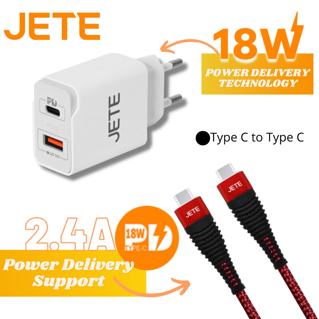 JETE  Charger 18W  Power Delivery Dual Output  USB C to Type C Cable | Charger Type C + Kabel Tipe C ke Tipe C - JETE Original Garansi Resmi 2 Tahun