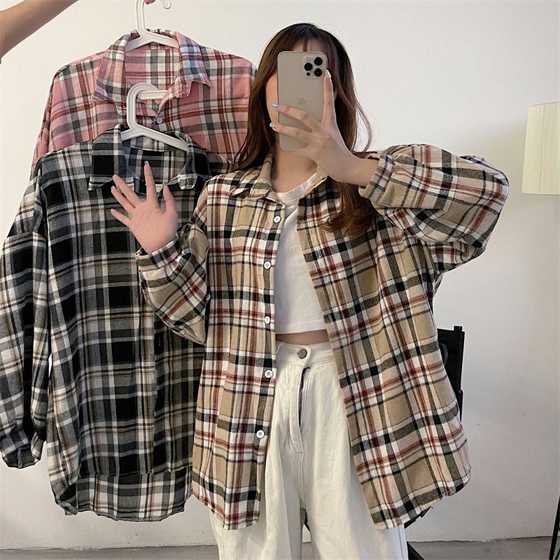 [COD&amp;READY STOK]Atasan Kemeja Lengan Panjang Kotak-kotak Blouse Oversize Fashion Shirt Korea Style Baju Wanita