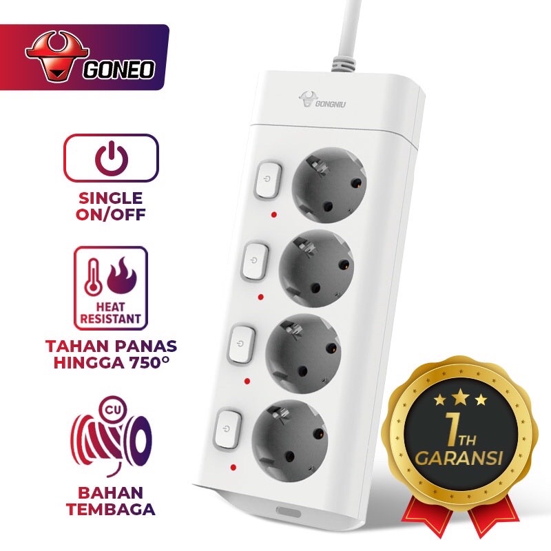 GONEO G3040 Stop Kontak Single On/Off Power Strip 4 Lubang Colokan Gongniu Tahan Panas Panjang Kabel (1.5m / 3m / 5m)  - Garansi 1 Tahun