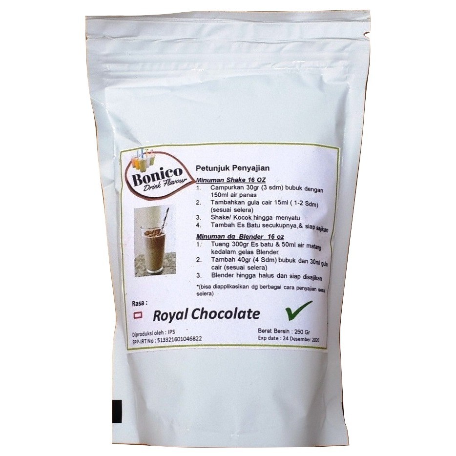 

BONICO ROYAL CHOCOLATE Drink Powder 250gr ice blend milk shake cokelat coklat Soklat tepung serbuk bubuk minuman rasa kekinian instan grosir distributo produsen