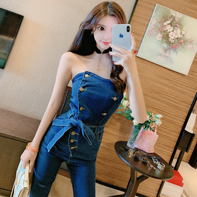 denim tube top jumpsuit