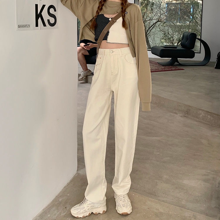 Celana Panjang High waist Model Longgar Lebar Gaya Korea Retro Bahan Jeans untuk Wanita Jeans Wanita Import