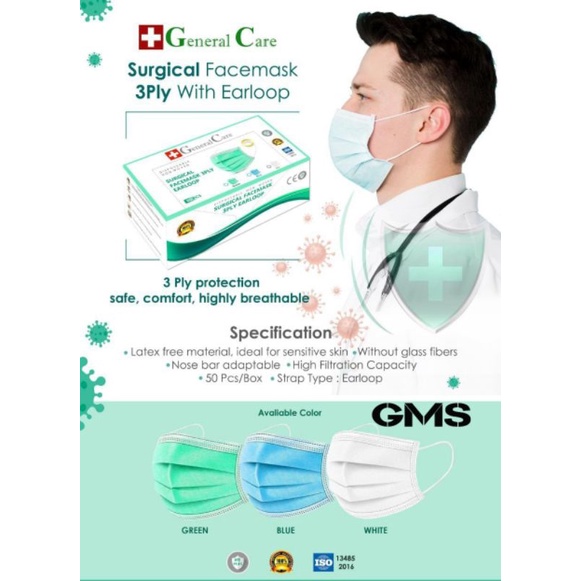 Masker Medis 3 ply Earloop General Care Box isi 50 Pcs / Surgical Face Mask