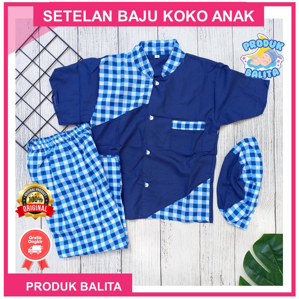 Setelan Baju Muslim Anak Laki-laki Usia 5-8 Tahun Set Pakaian Anak Laki-laki Murah Setelan Koko Anak Motif Kotak-kotak Terlaris