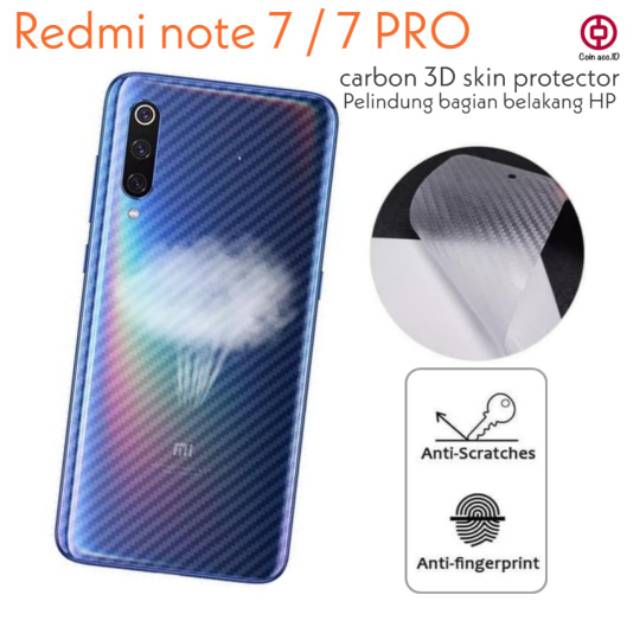 Redmi note 7 / note 7 pro CARBON 3D BACK SKIN PROTECTOR - garskin /pelindung belakang hp/sticker hp