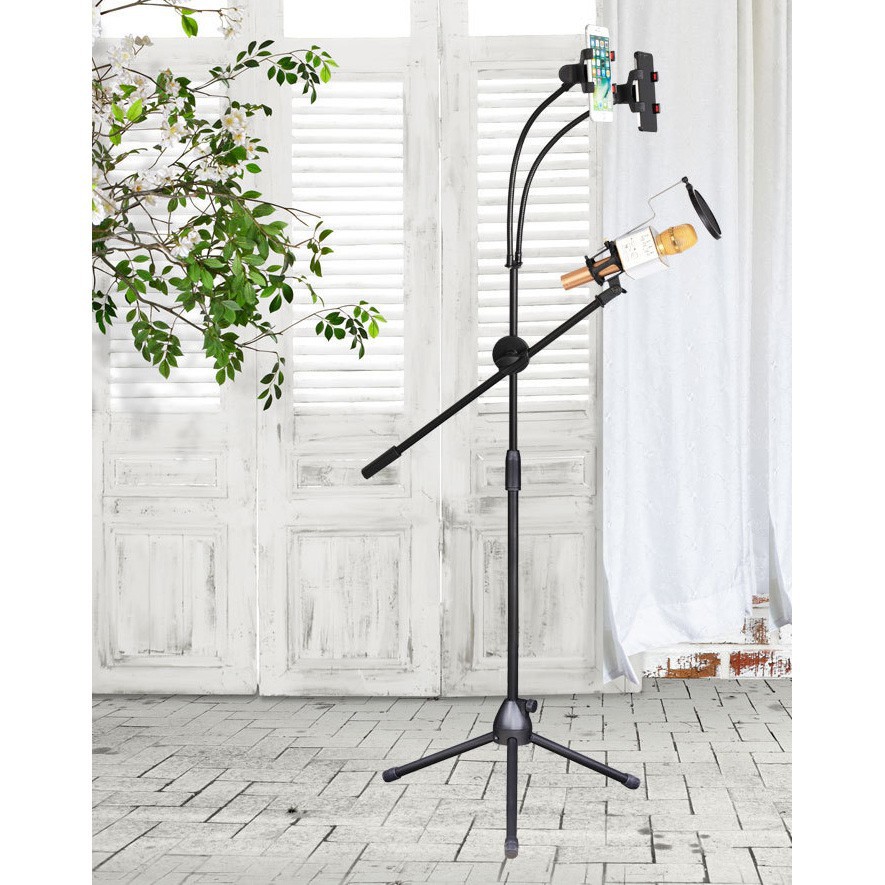 Stand Berdiri Pidato Rekaman Microphone Mic Tripod Plus 2 Smartphone Holder Pop Filter NB-03 Grab