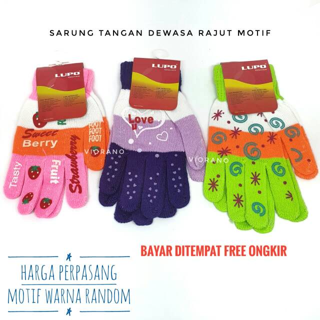 Sarung Tangan Wanita Rajut Motif Full Warna Anti Virus Bakteri Hand Gloves Motor Cewek Dewasa Salur