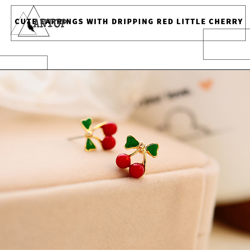 Anting Drop Oil Bentuk Cherry Warna Merah Gaya Korea Untuk Wanita