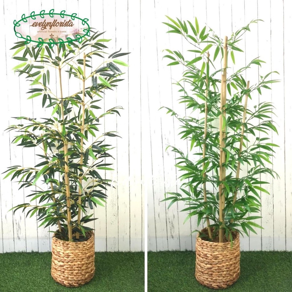 Pohon Daun Bambu Hijau Kuning Latex Artificial Pot Dasar Plastik Tanaman Hias Dekorasi Ruangan