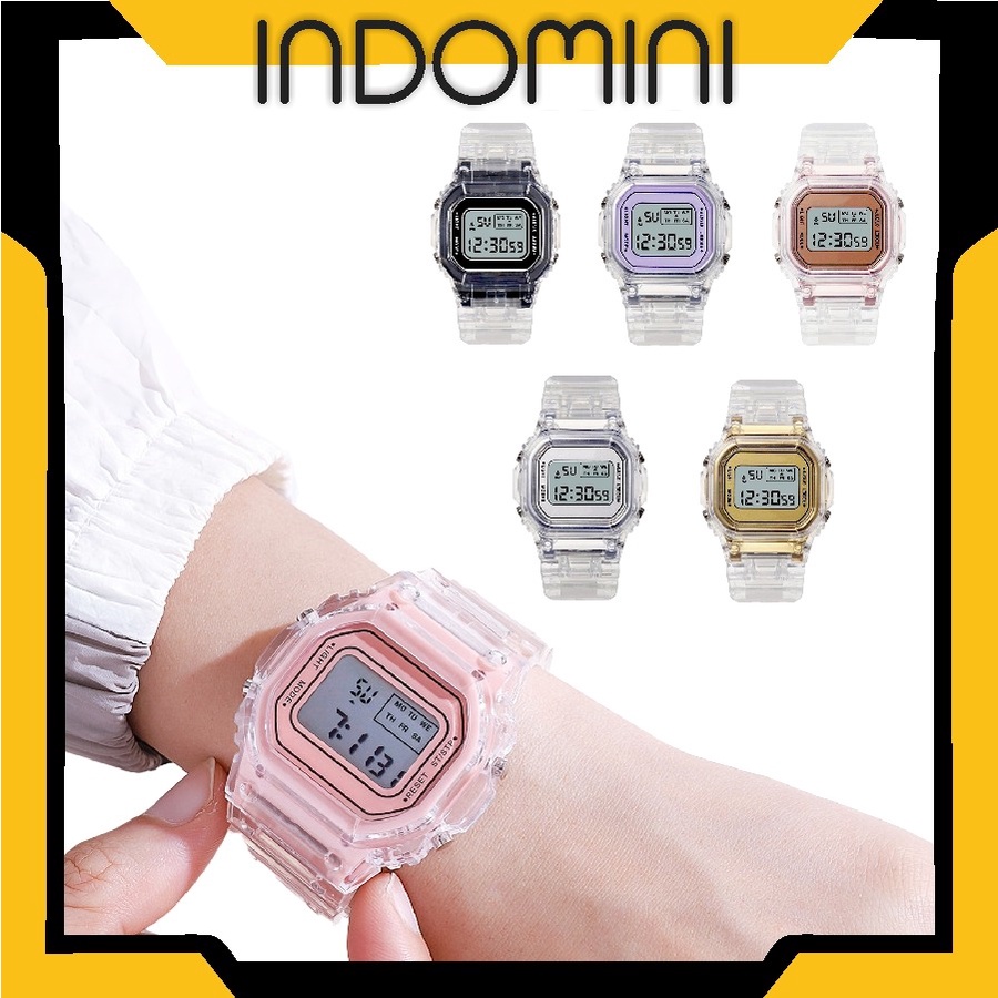 INDOMINI JT032 JAM TANGAN WANITA RUBBER DIGITAL TRANSPARAN SQUARE DIAL COUPLE WATCH KOREAN IMPORT