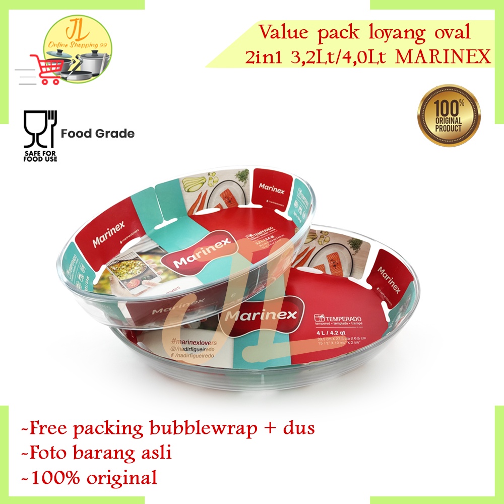 Loyang kaca oval set isi 2 marinex / prasmanan tahan panas 3,2/4Liter