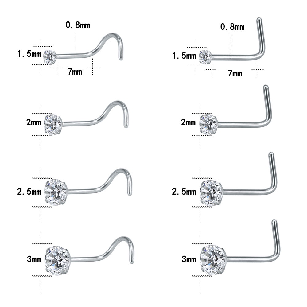 8pcs / 1 Lot Anting Tindik Hidung Bentuk L Bahan Stainless Steel Hias Kristal Zircon