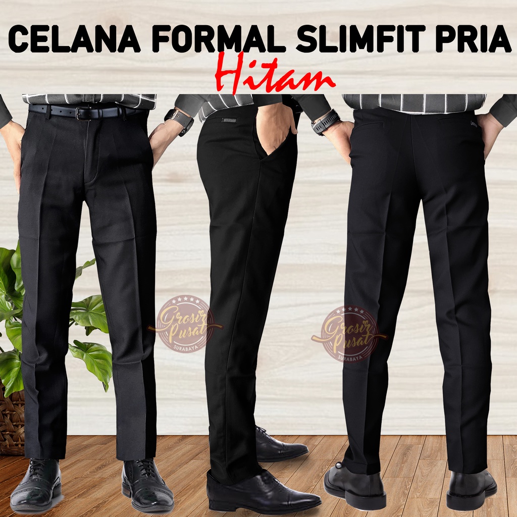 Celana Kerja Panjang Formal Slim Fit Kantor Pria Hitam 27 - 38