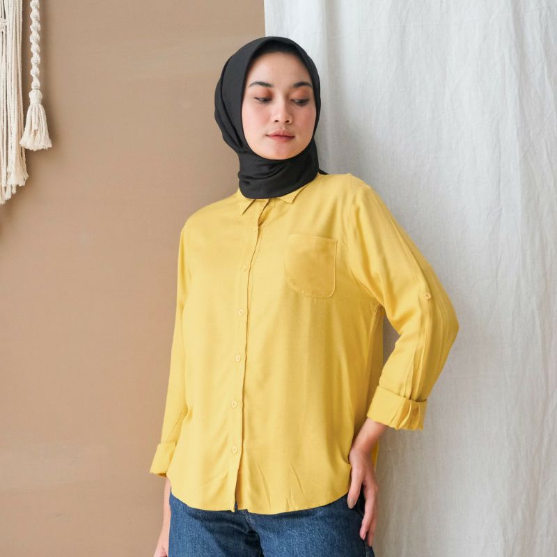 KEMEJA WANITA CASUAL POLOS BASIC AUDREY BASIC SHIRT KEMEJA LENGAN BALON POLOS, KEMEJA TANGAN BALON-Kmj. Basic mustard