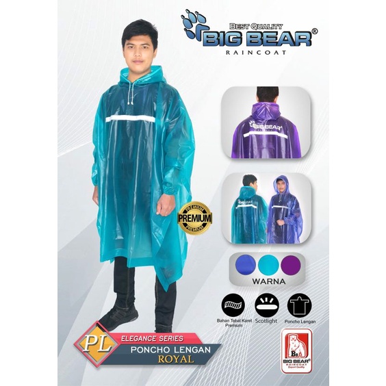 Jas Hujan BIG BEAR : Poncho Lengan ROYAL TEBAL (Premium)