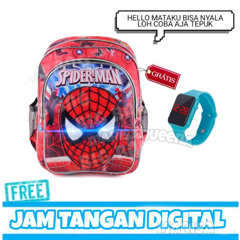 MARISA - Tas Ransel Anak Laki-Laki Tas Karakter SPIDERMAN Gratis Jam Tangan Digital Tas nyala.