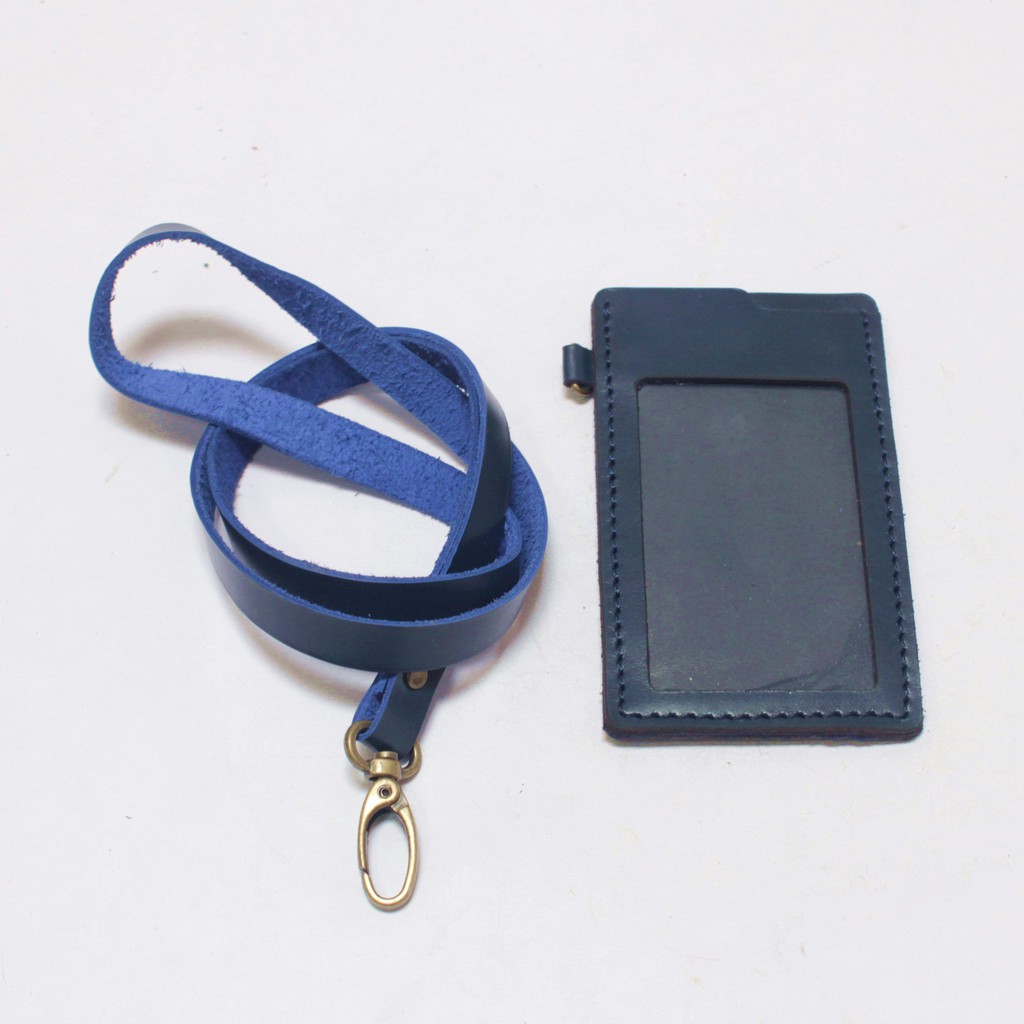 gantungan dompet ID card kulit biru - tali id card holder - PHID823