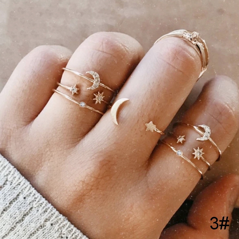 Cincin emas Set Bohemian Vintage Crystal Moon Star Rings Wanita Cincin Perhiasan Aksesoris Hadiah