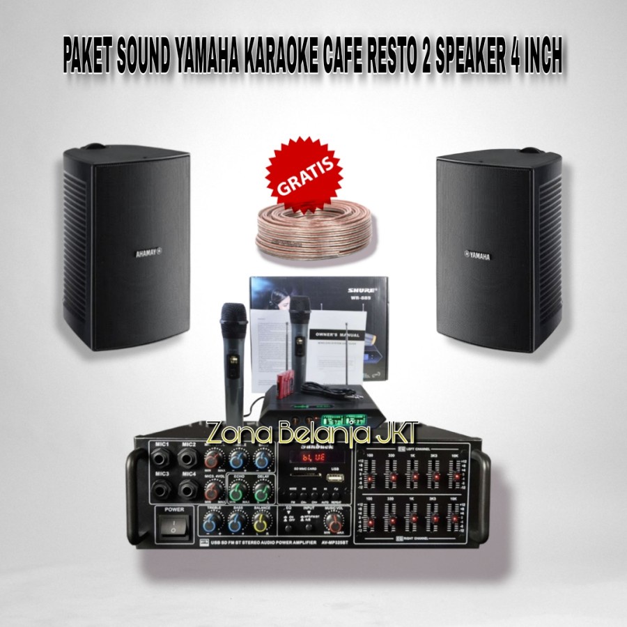 PAKET SOUND SPEAKER YAMAHA VS4 4 INCH 2 SPEAKER CAFE RESTO KLINIK PANGGILAN AMPLI USB BLUETOOTH MIC WIRELESS (YMH-6)