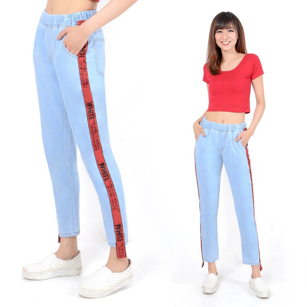 HOPYLOVY CELANA  JEANS BAGGY  LIST OFW RED Shopee  