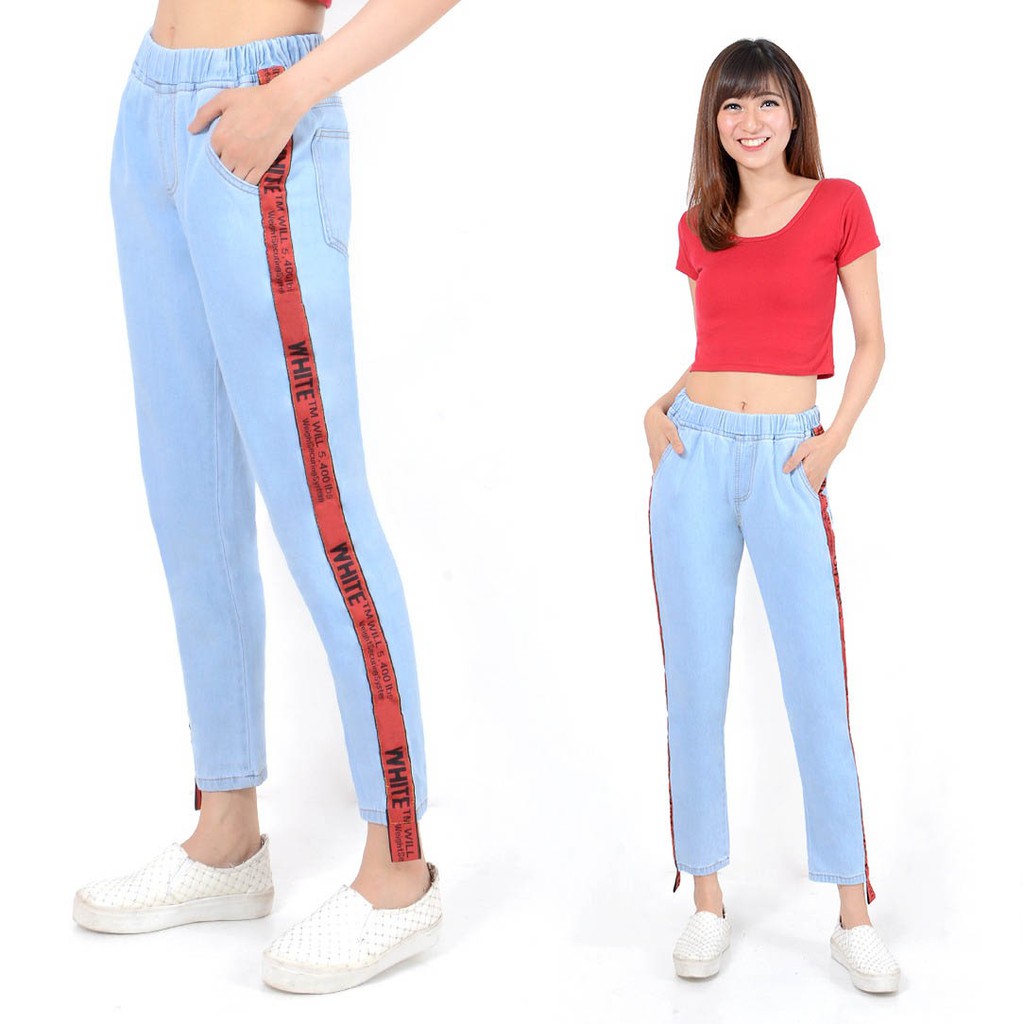 HOPYLOVY CELANA JEANS BAGGY  LIST OFW RED Shopee 