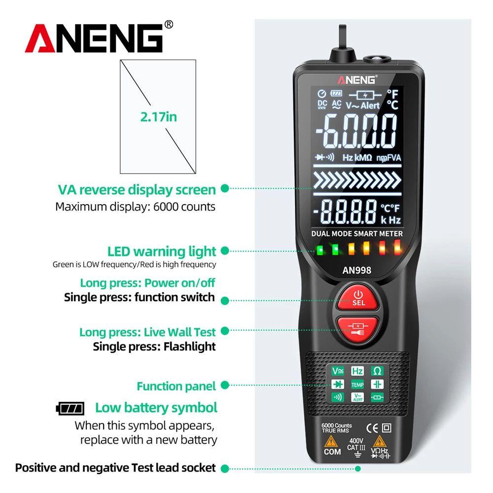 Solighter Digital Smart Multimeter ANENG AN998 Auto Ranging AC/DC Voltmeter Temp Ohm Hz Alat Detektor Digital Profesional Meter