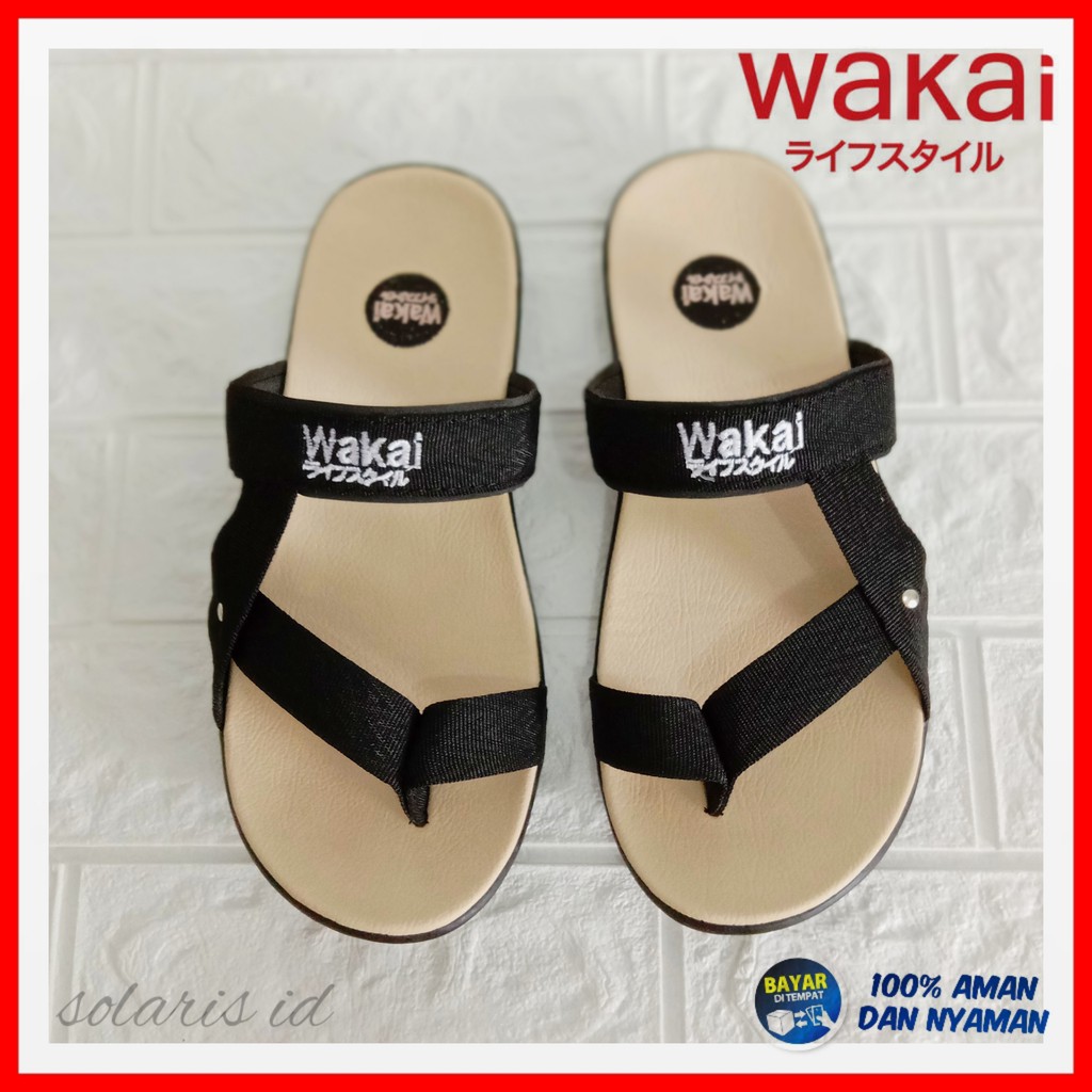 Sendal Pria Wanita Wakai Krim hitam. Sandal harian tali wakai distro. Sendal wakai ringan pria putih