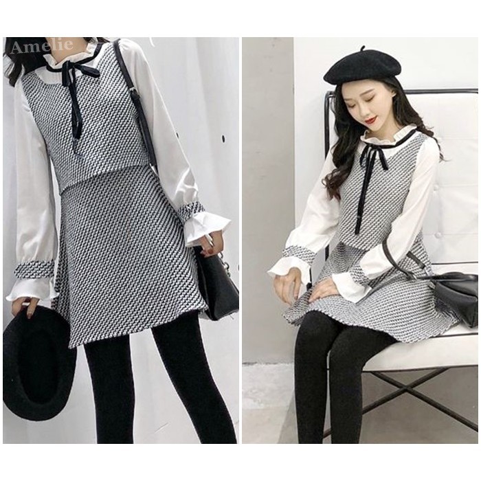 [baju wanita korea] Mini Dress Pita Lengan Panjang Wanita Jepang Korea Import