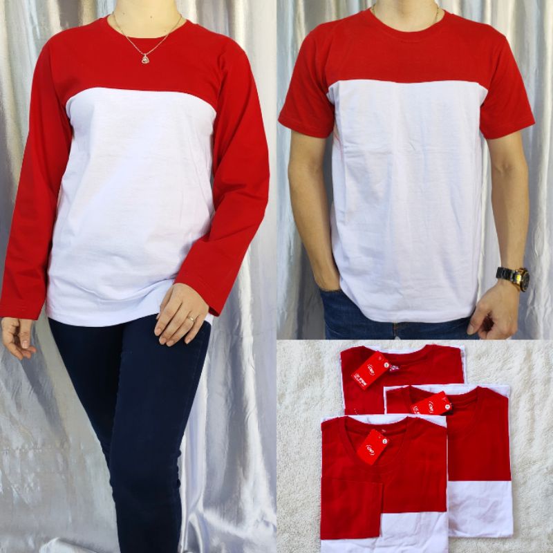 kaos reglan kombinasi MERAH-PUTIH uk M L XL XXL lengan panjang &amp; pendek